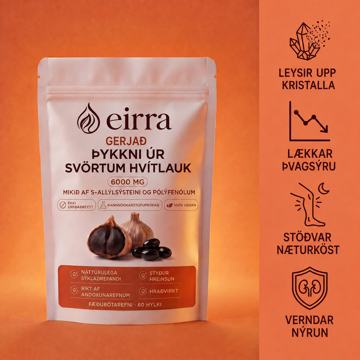 EIRRA – Gerjaður svartur hvítlaukur 6000 mg – 60 hylki