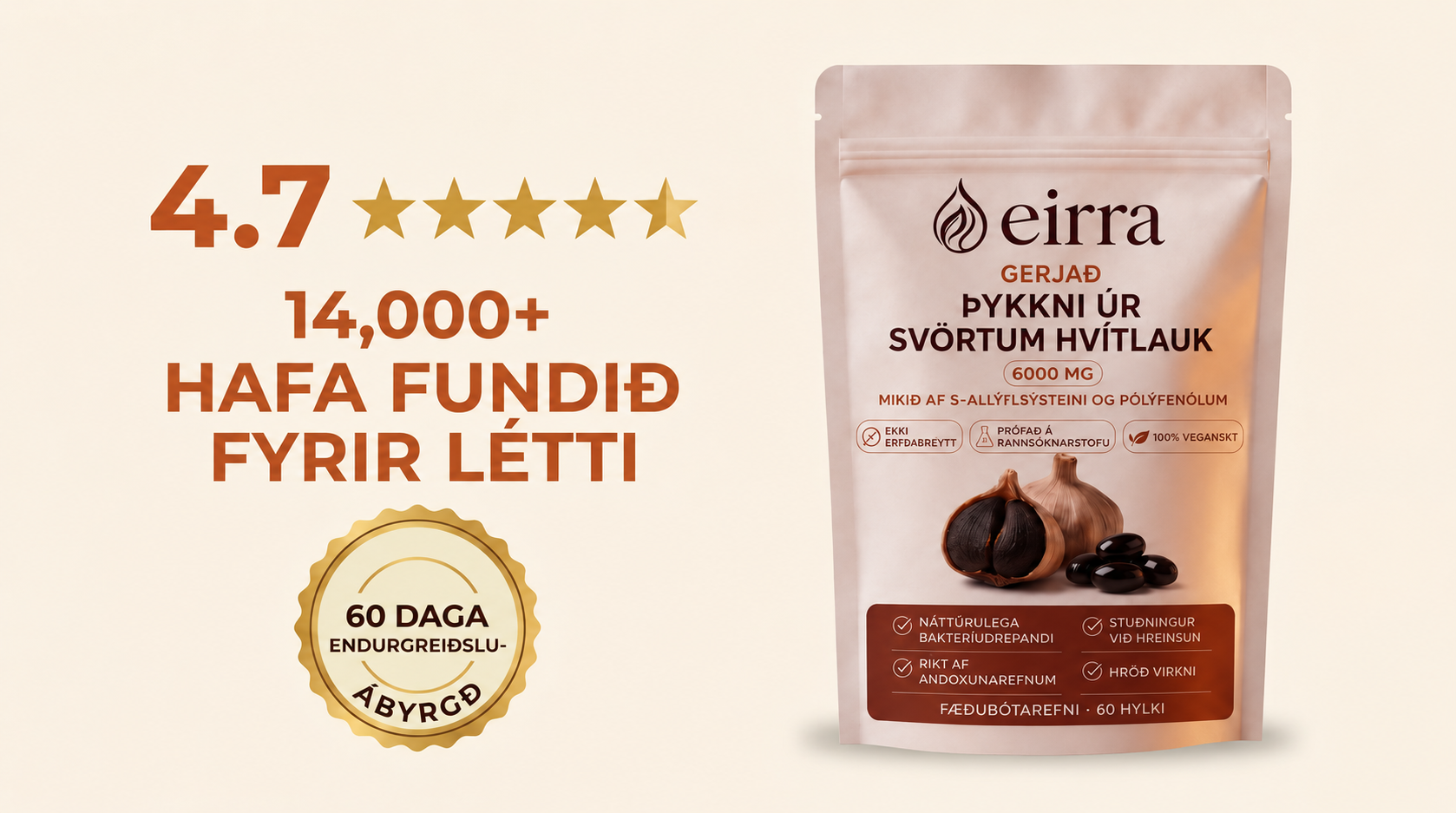 4,7 stjörnu einkunn og 60 daga endurgreiðsluábyrgð